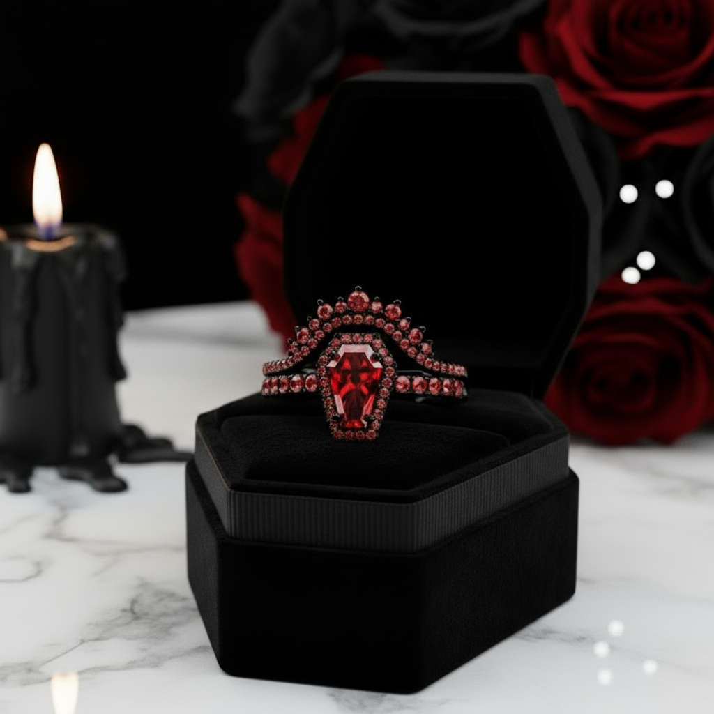 Best Love Rings- Rare Coffin Cut Diamond 14k Gold Gothic Ring Set-Black Diamonds New York