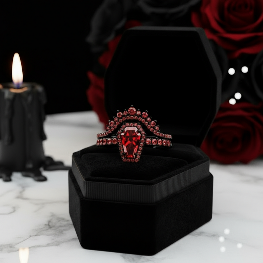 Best Love Rings- Rare Coffin Cut Diamond 14K Gold Gothic Ring Set-Black Diamonds New York