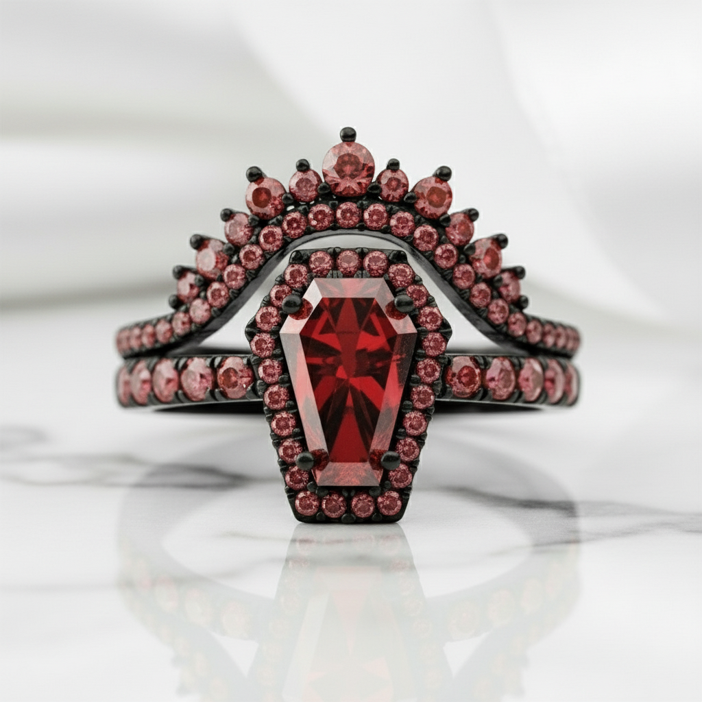 Best Love Rings- Rare Coffin Cut Diamond 14k Gold Gothic Ring Set-Black Diamonds New York