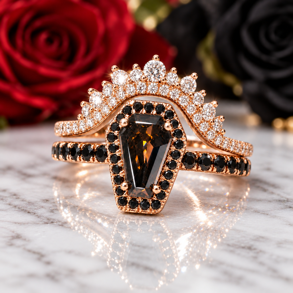 Best Love Rings- Rare Coffin Cut Diamond Option 14k Gold Gothic Ring Set-Black Diamonds New York