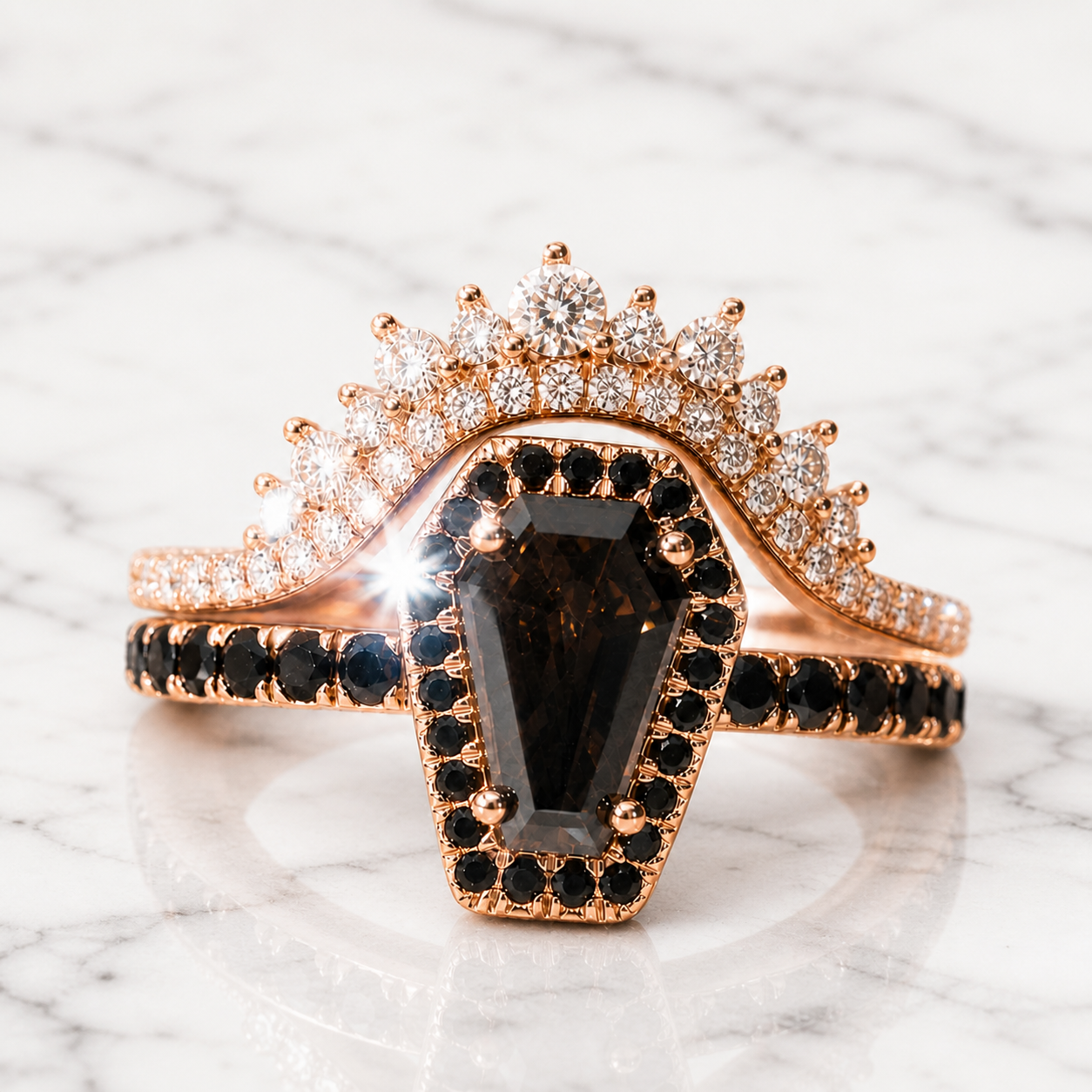 Best Love Rings- Rare Coffin Cut Diamond Option 14k Gold Gothic Ring Set-Black Diamonds New York
