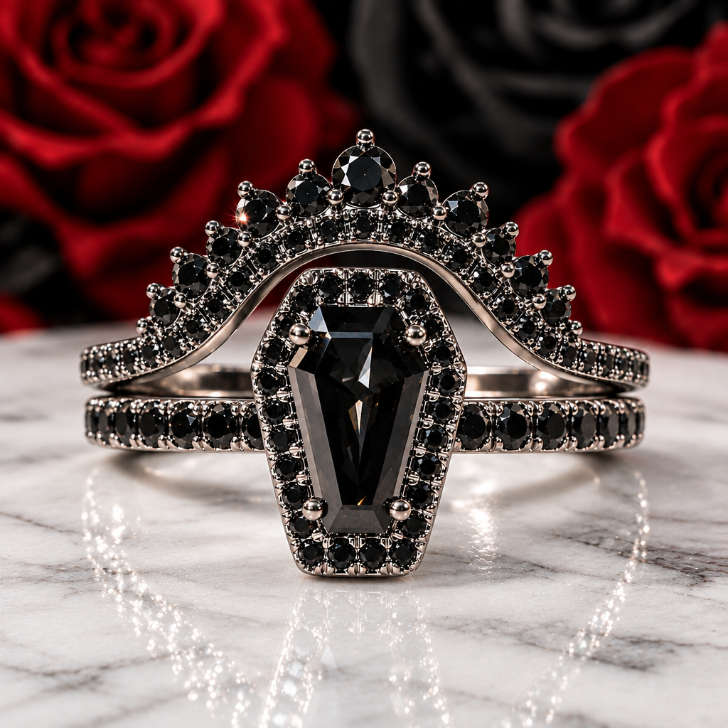 Best Love Rings- Rare Coffin Cut Diamond Option 14k Gold Gothic Ring Set-Black Diamonds New York
