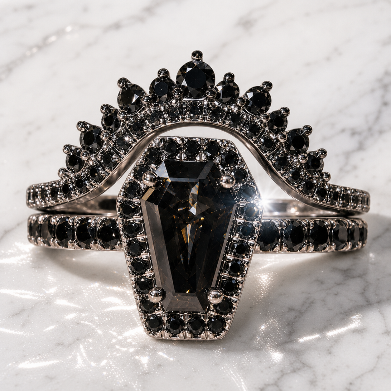 Best Love Rings- Rare Coffin Cut Diamond Option 14k Gold Gothic Ring Set-Black Diamonds New York