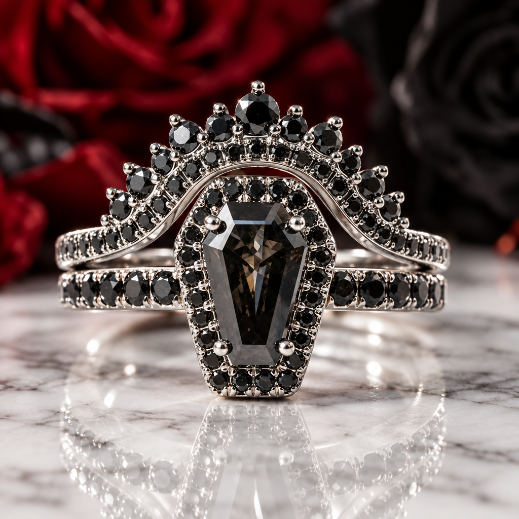 Best Love Rings- Rare Coffin Cut Diamond Option 14k Gold Gothic Ring Set-Black Diamonds New York