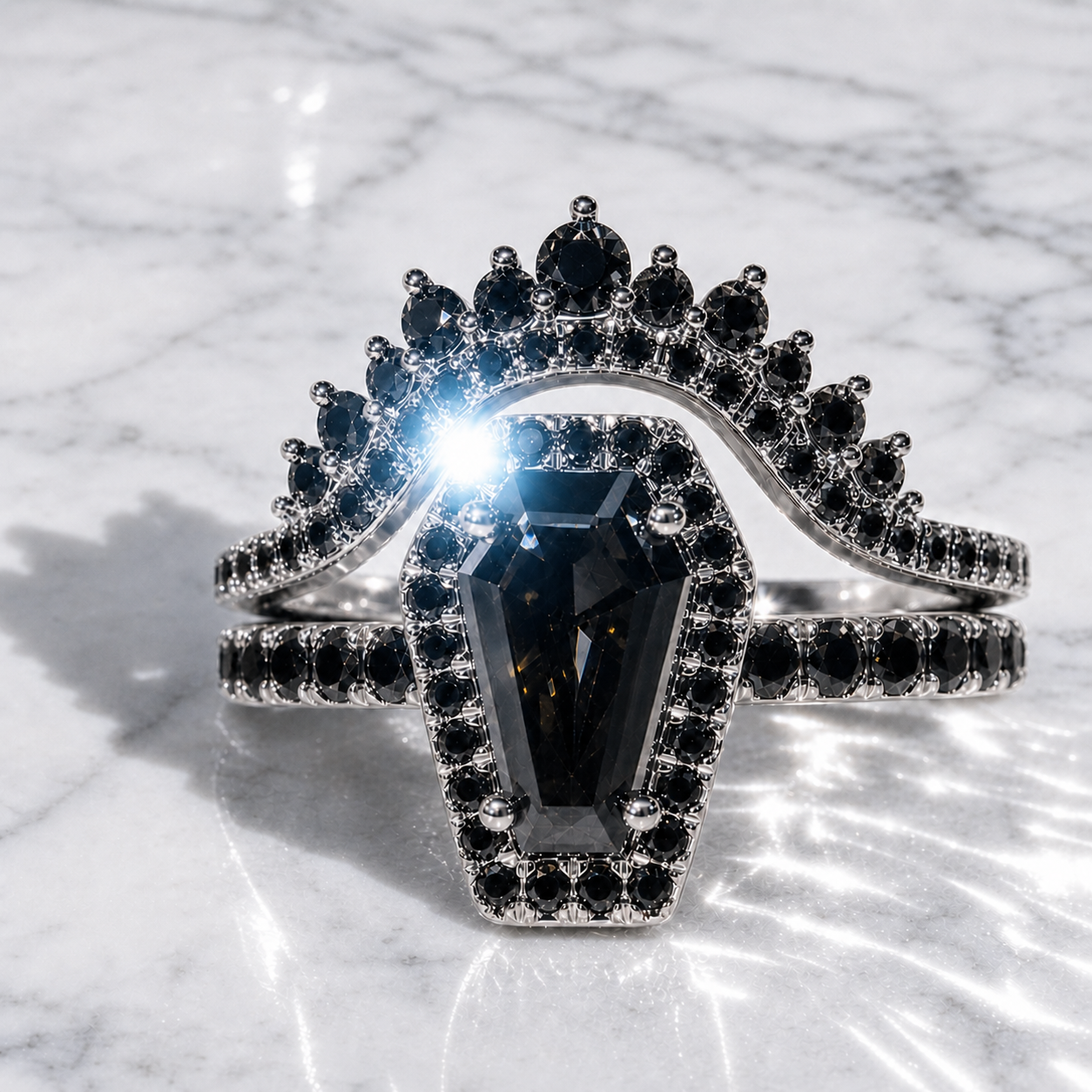 Best Love Rings- Rare Coffin Cut Diamond Option 14k Gold Gothic Ring Set-Black Diamonds New York