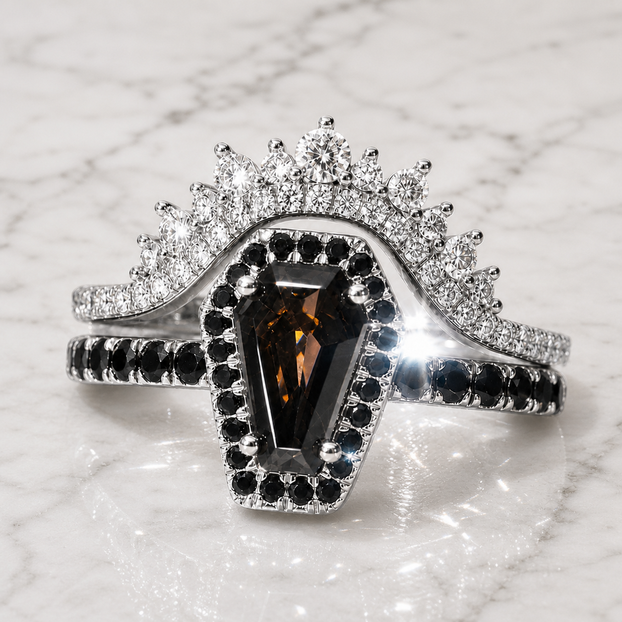 Best Love Rings- Rare Coffin Cut Diamond Option 14k Gold Gothic Ring Set-Black Diamonds New York