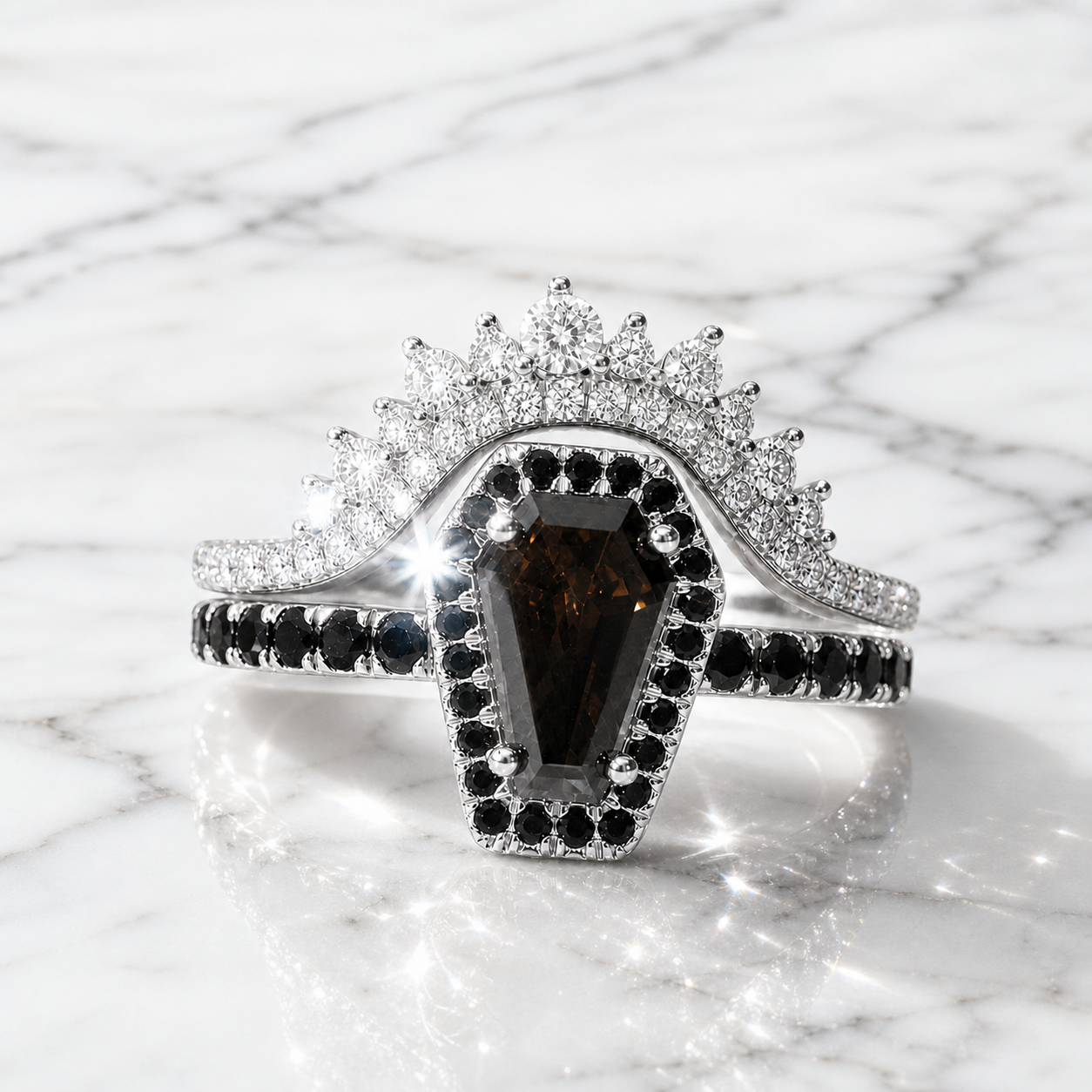 Best Love Rings- Rare Coffin Cut Diamond Option 14k Gold Gothic Ring Set-Black Diamonds New York