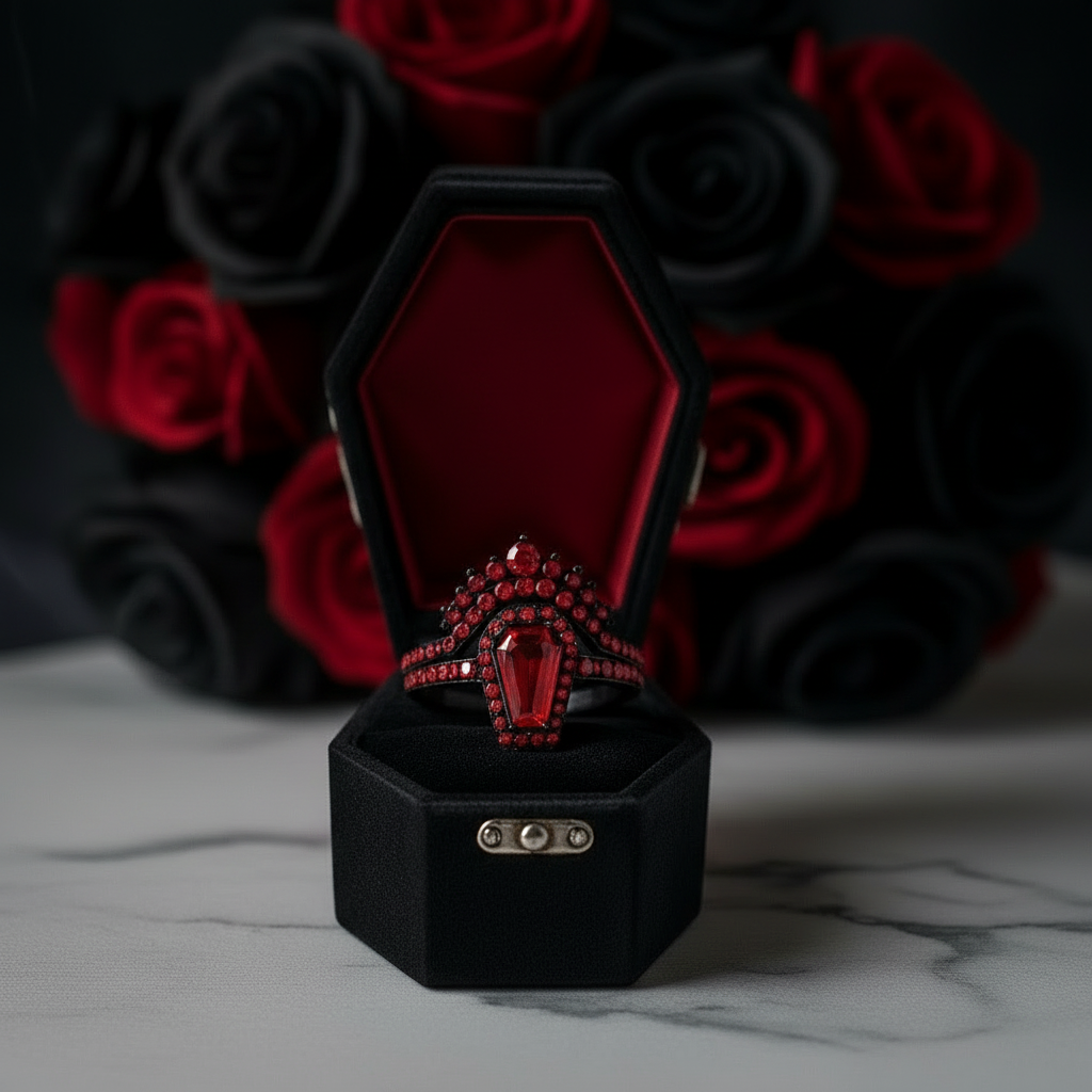 Best Love Rings- Rare Coffin Cut Diamond 14k Gold Gothic Ring Set-Black Diamonds New York