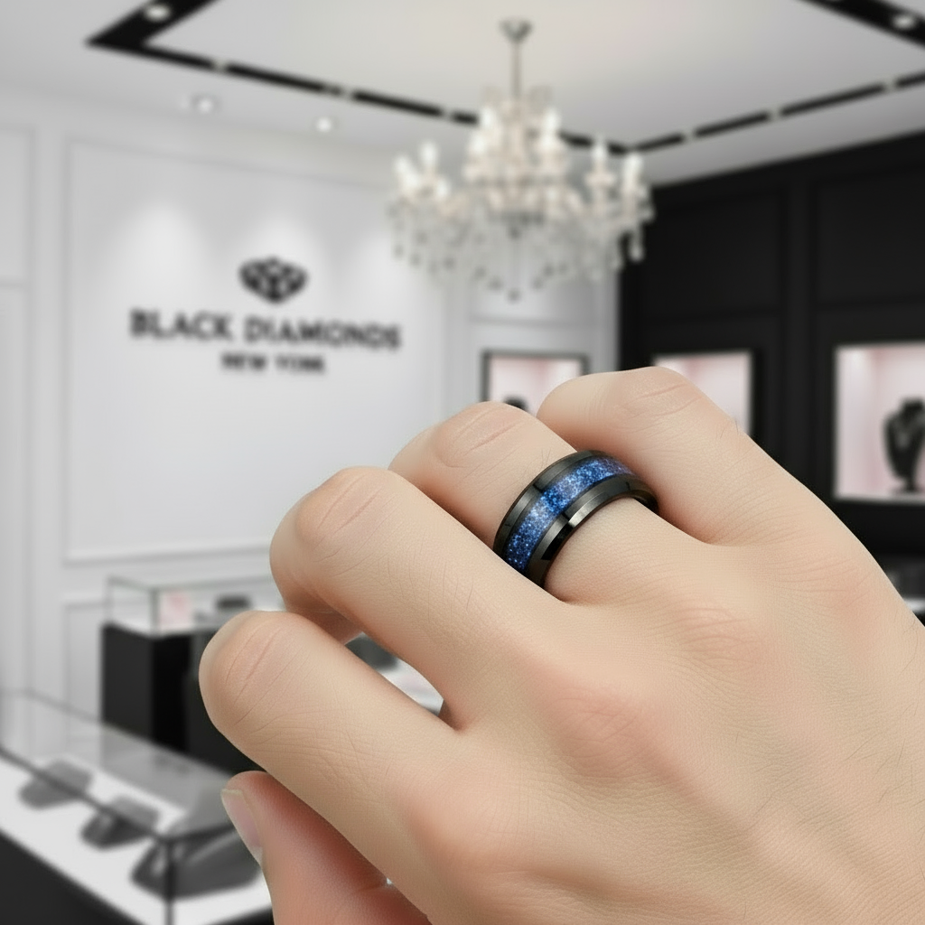 Beveled 8mm Tungsten Men's Wedding Band-Black Diamonds New York