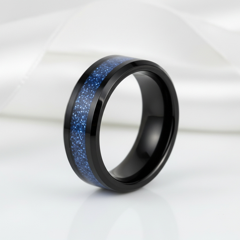 Beveled 8mm Tungsten Men's Wedding Band-Black Diamonds New York