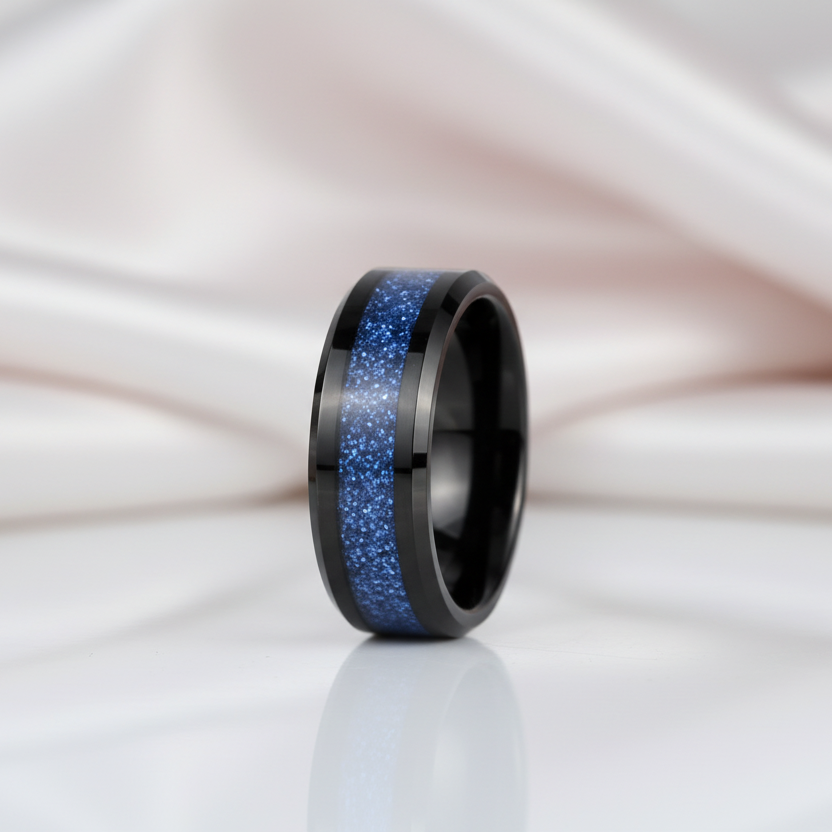 Beveled 8mm Tungsten Men's Wedding Band-Black Diamonds New York