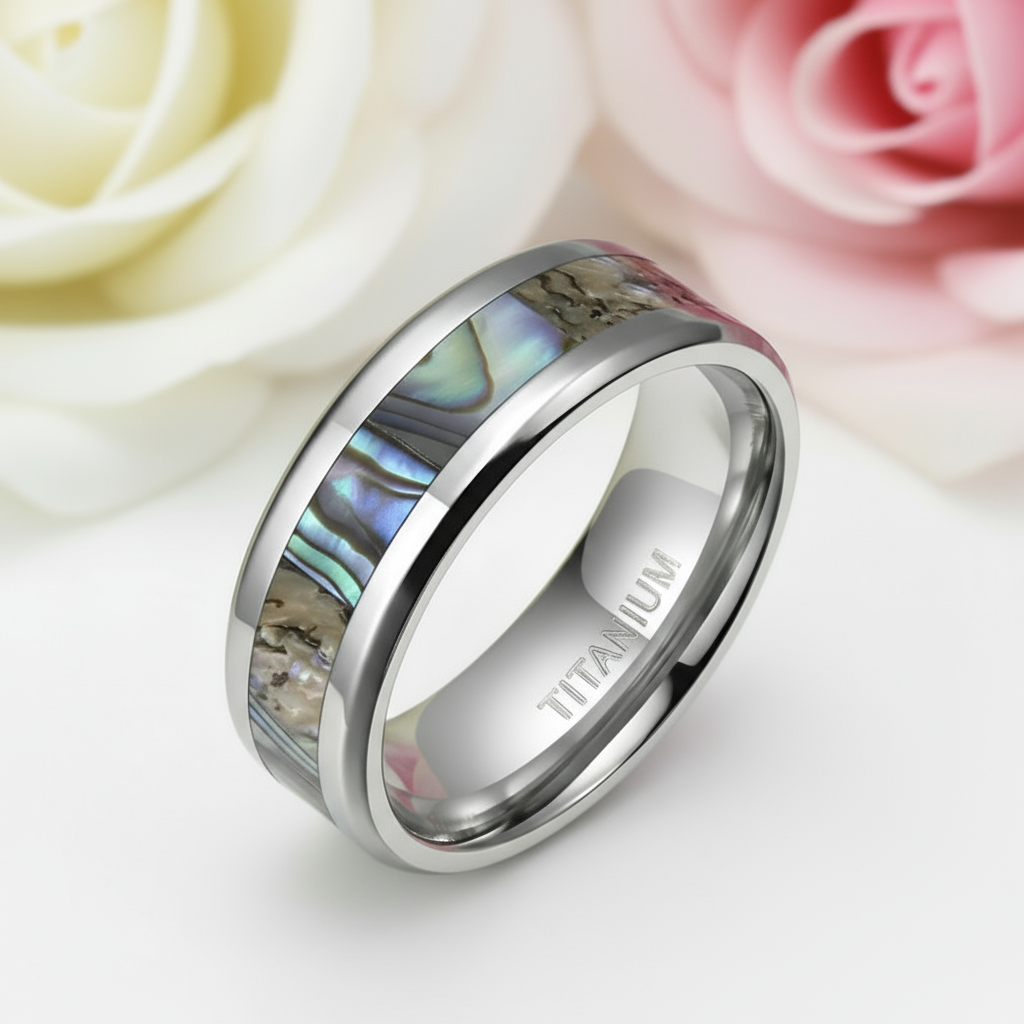 Beveled Abalone Shell Men's Titanium Wedding Band-Black Diamonds New York