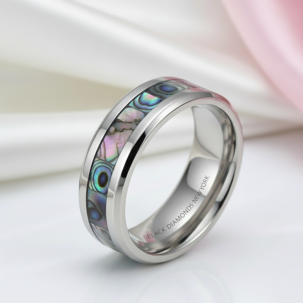 Beveled Abalone Shell Men's Titanium Wedding Band-Black Diamonds New York