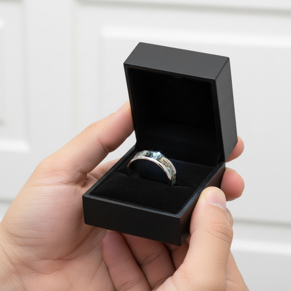 Beveled Abalone Shell Men's Titanium Wedding Band-Black Diamonds New York