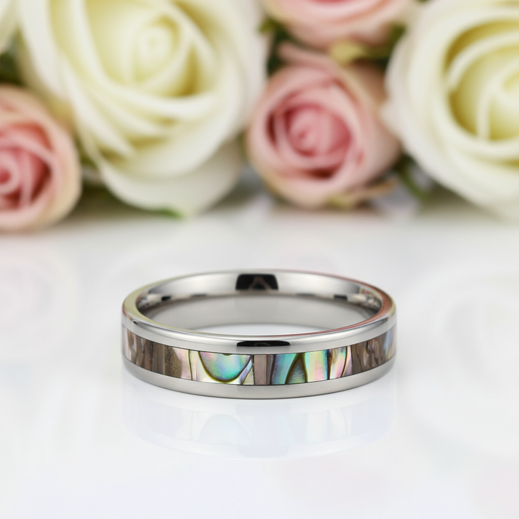 Beveled Abalone Shell Men's Titanium Wedding Band-Black Diamonds New York