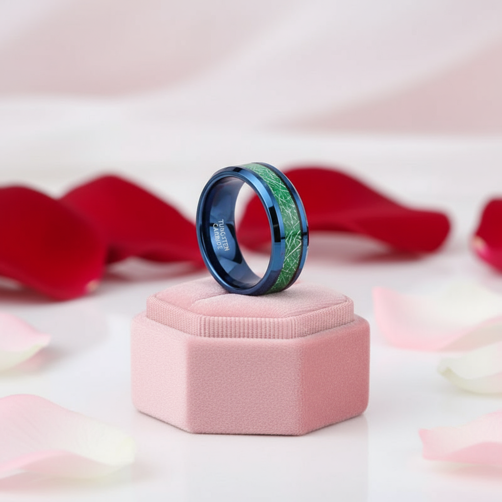 Beveled Blue & Green Men's Tungsten Wedding Band-Black Diamonds New York