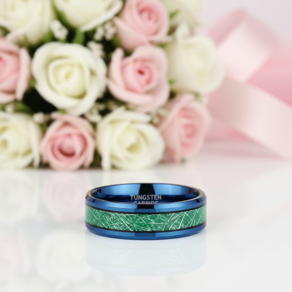 Beveled Blue & Green Men's Tungsten Wedding Band-Black Diamonds New York