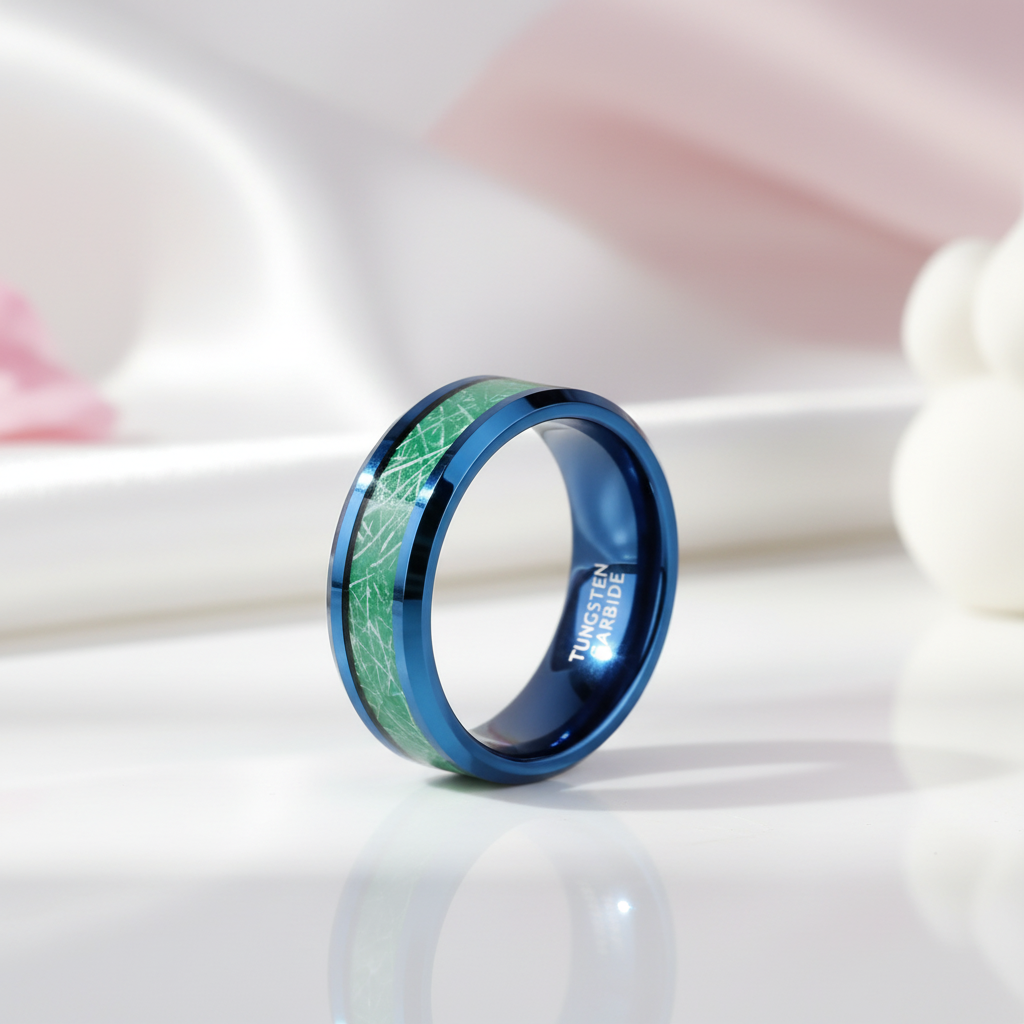 Beveled Blue & Green Men's Tungsten Wedding Band-Black Diamonds New York