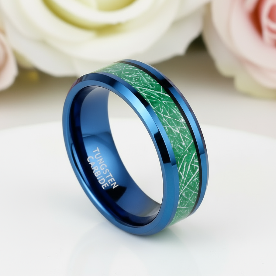 Beveled Blue & Green Men's Tungsten Wedding Band-Black Diamonds New York