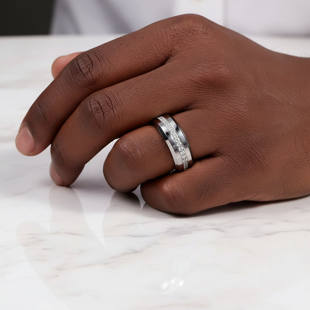 Beveled Edge Tungsten Half Eternity Diamond Wedding Band-Black Diamonds New York