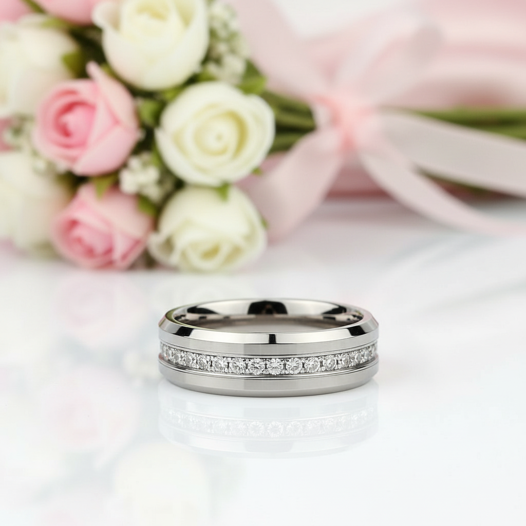 Beveled Edge Tungsten Half Eternity Diamond Wedding Band-Black Diamonds New York