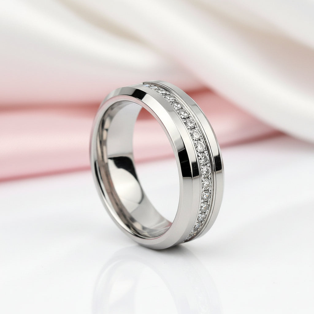 Beveled Edge Tungsten Half Eternity Diamond Option Wedding Band-Black Diamonds New York