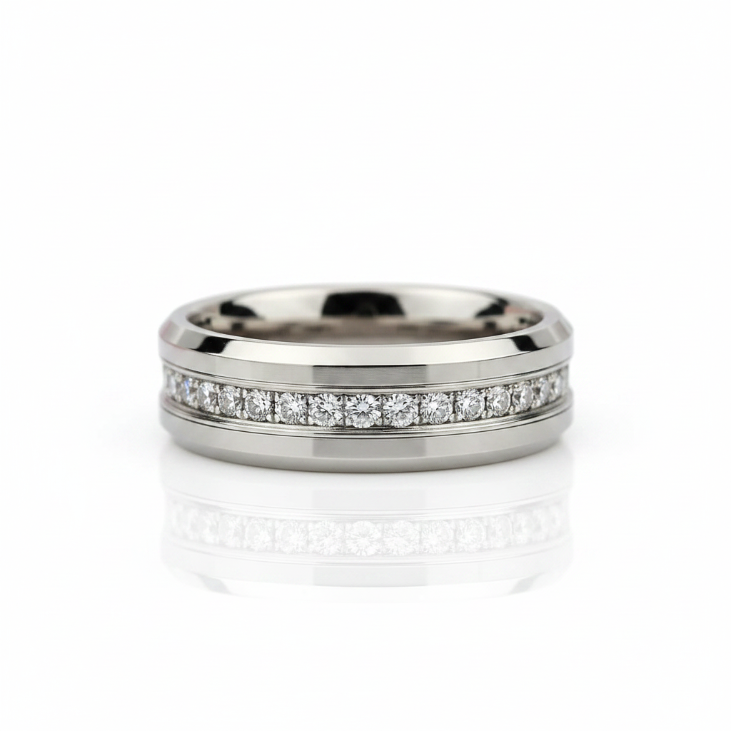 Beveled Edge Tungsten Half Eternity Diamond Option Wedding Band-Black Diamonds New York