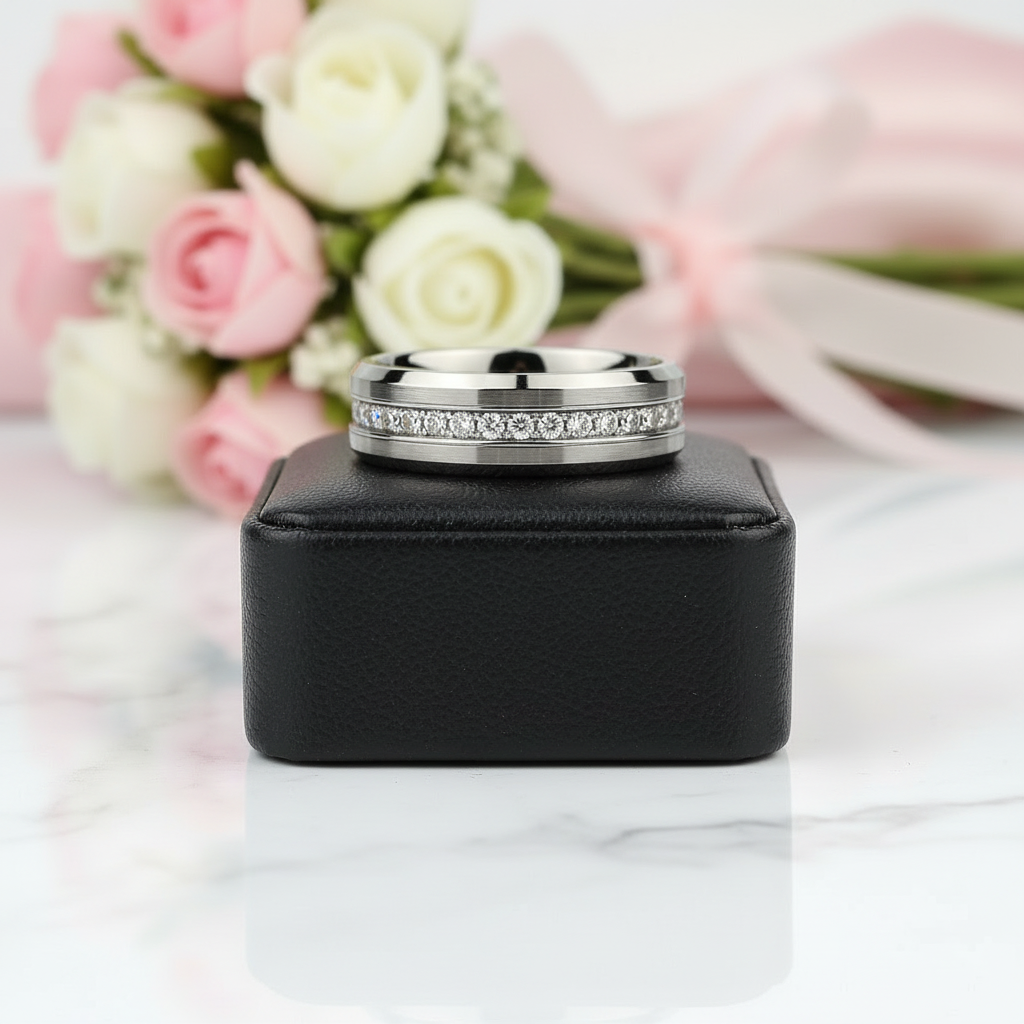 Beveled Edge Tungsten Half Eternity Diamond Option Wedding Band-Black Diamonds New York