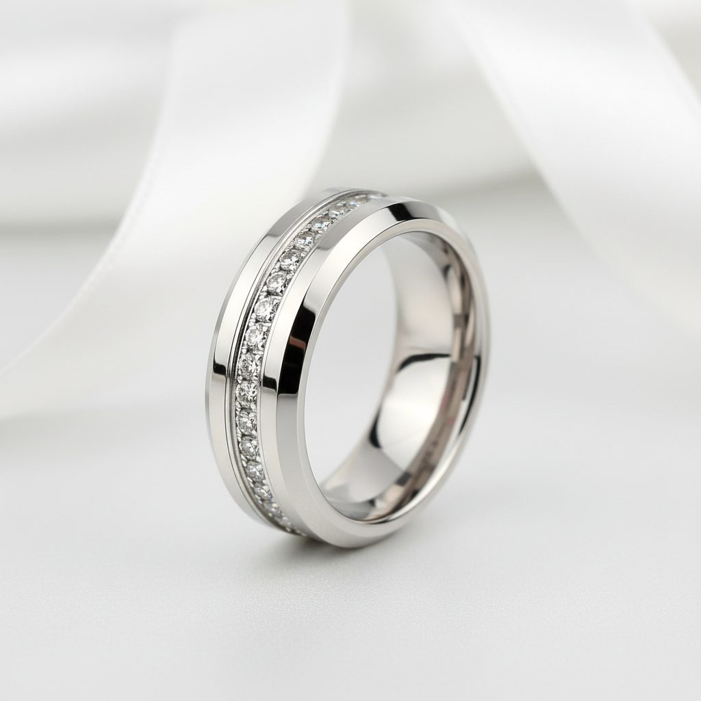 Beveled Edge Tungsten Half Eternity Diamond Option Wedding Band-Black Diamonds New York