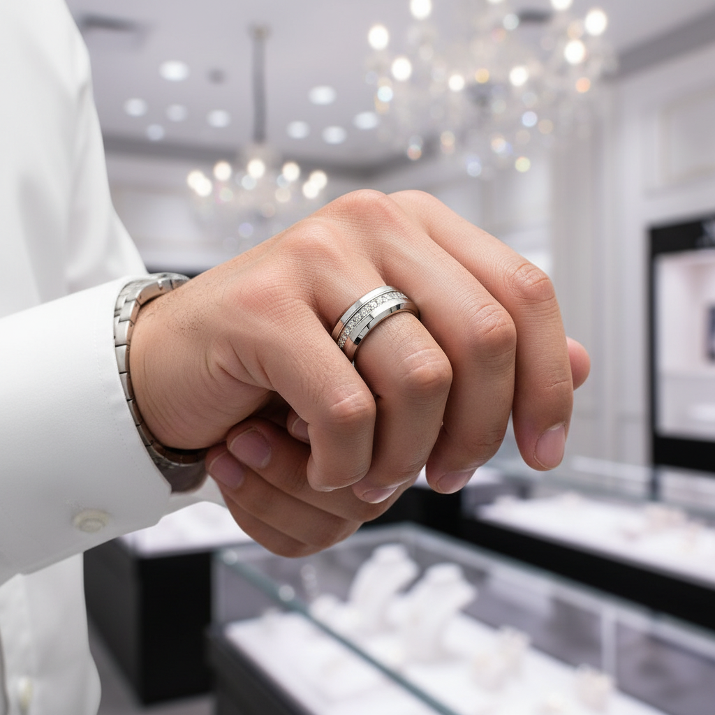 Beveled Edge Tungsten Half Eternity Diamond Wedding Band-Black Diamonds New York