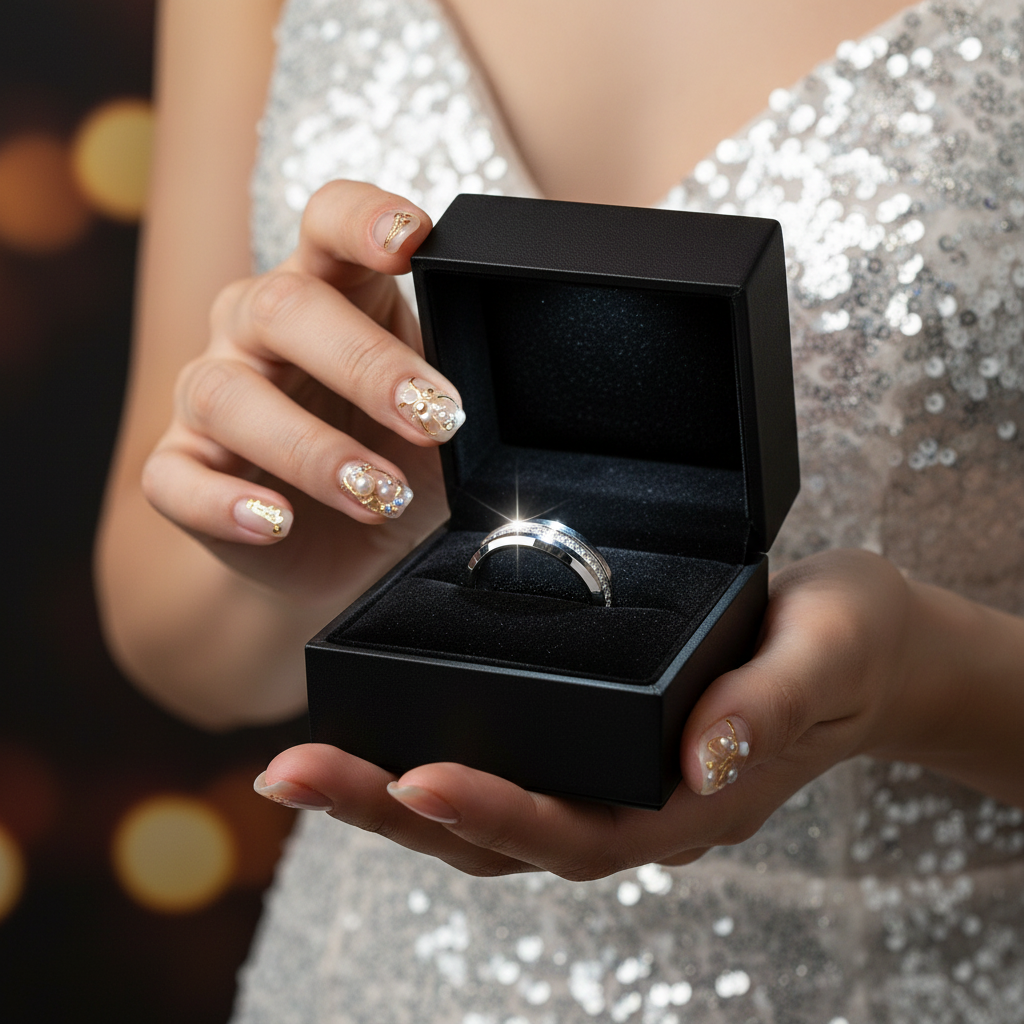 Beveled Edge Tungsten Half Eternity Diamond Option Wedding Band-Black Diamonds New York
