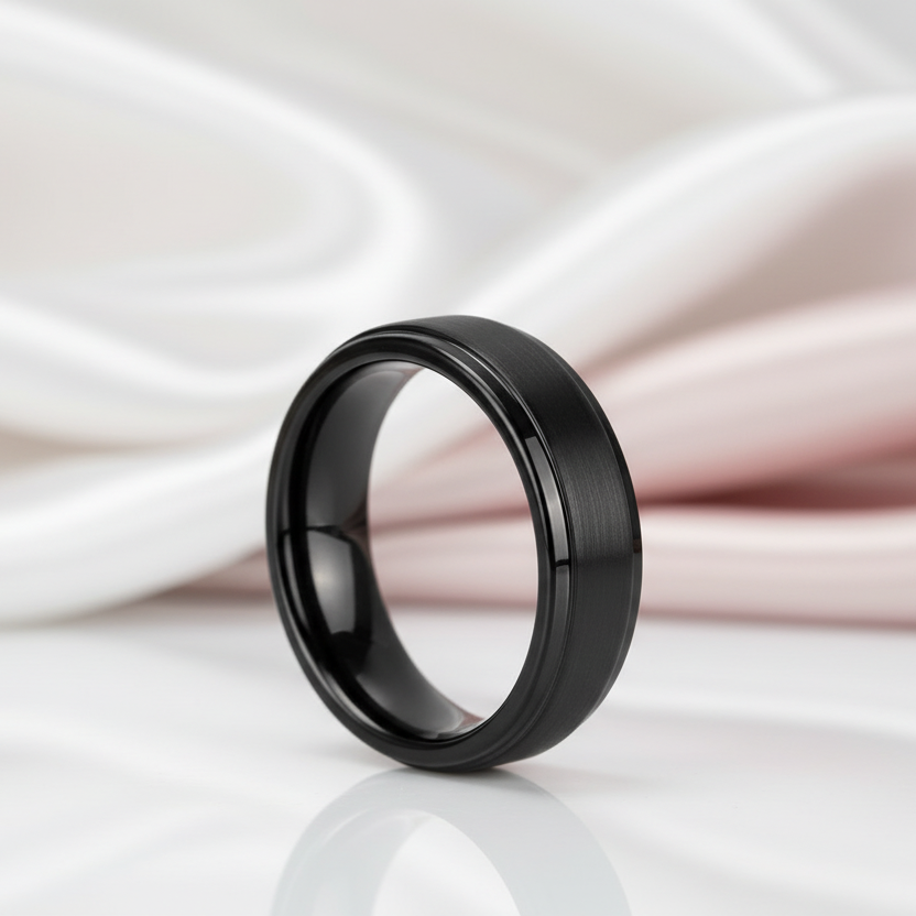 Beveled Men's Tungsten Wedding Band-Black Diamonds New York
