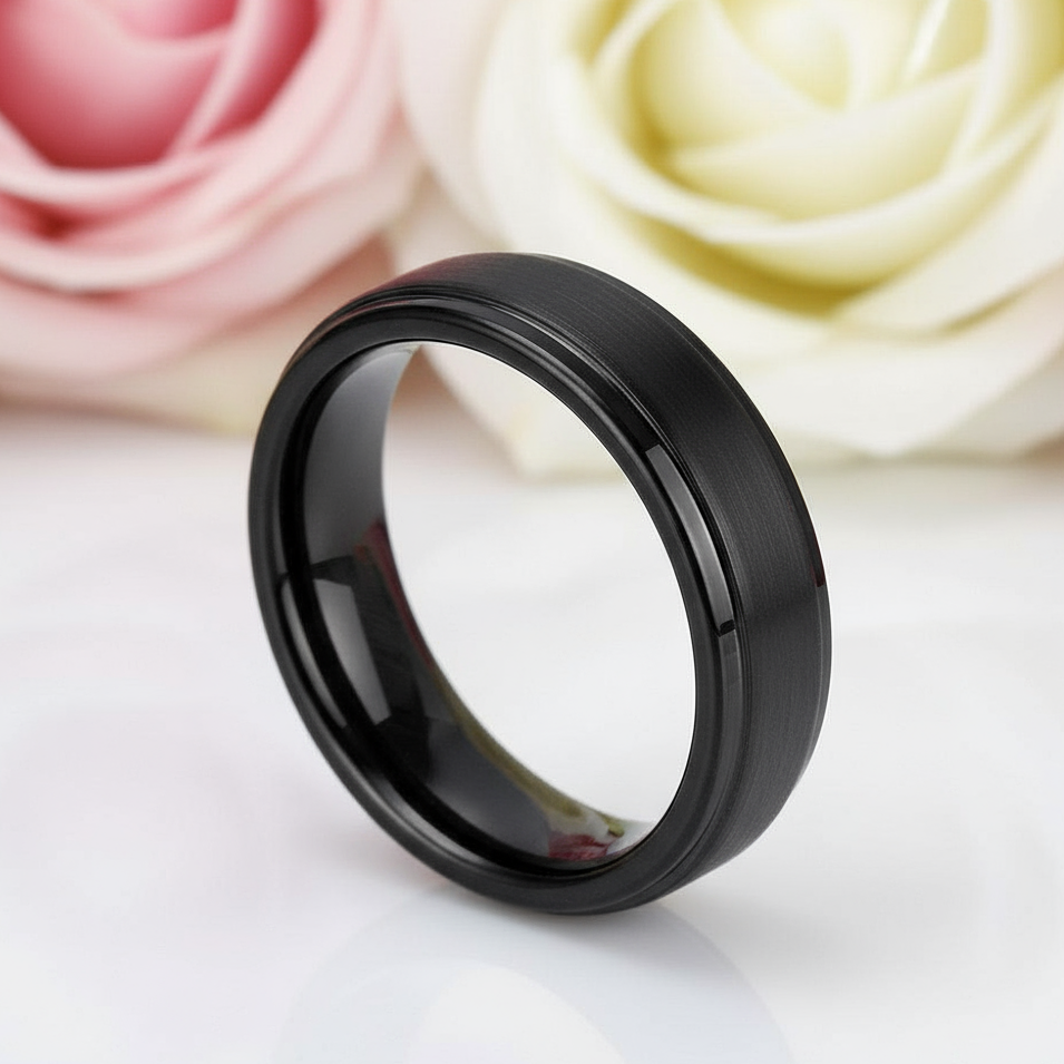 Beveled Men's Tungsten Wedding Band-Black Diamonds New York