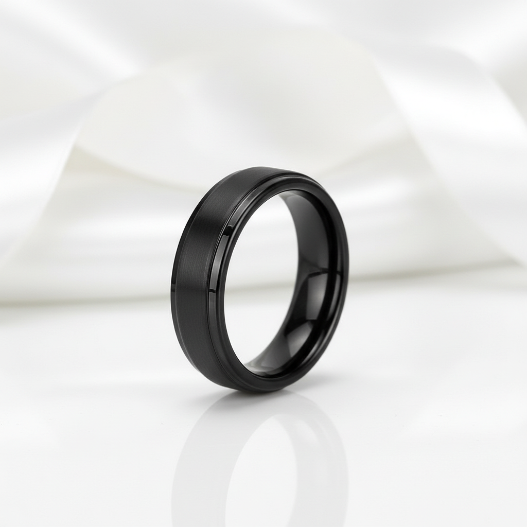 Beveled Men's Tungsten Wedding Band-Black Diamonds New York