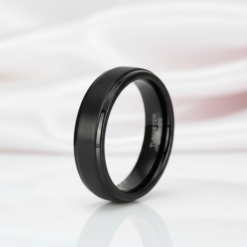 Beveled Men's Tungsten Wedding Band-Black Diamonds New York
