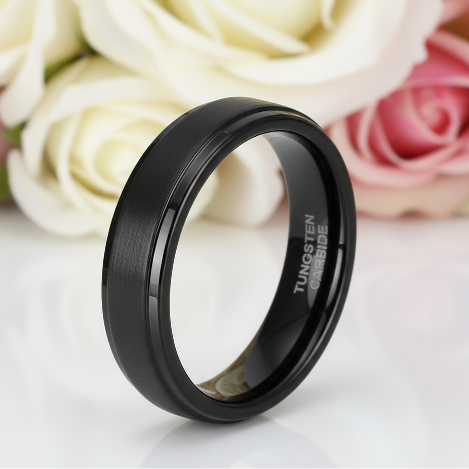 Beveled Men's Tungsten Wedding Band-Black Diamonds New York