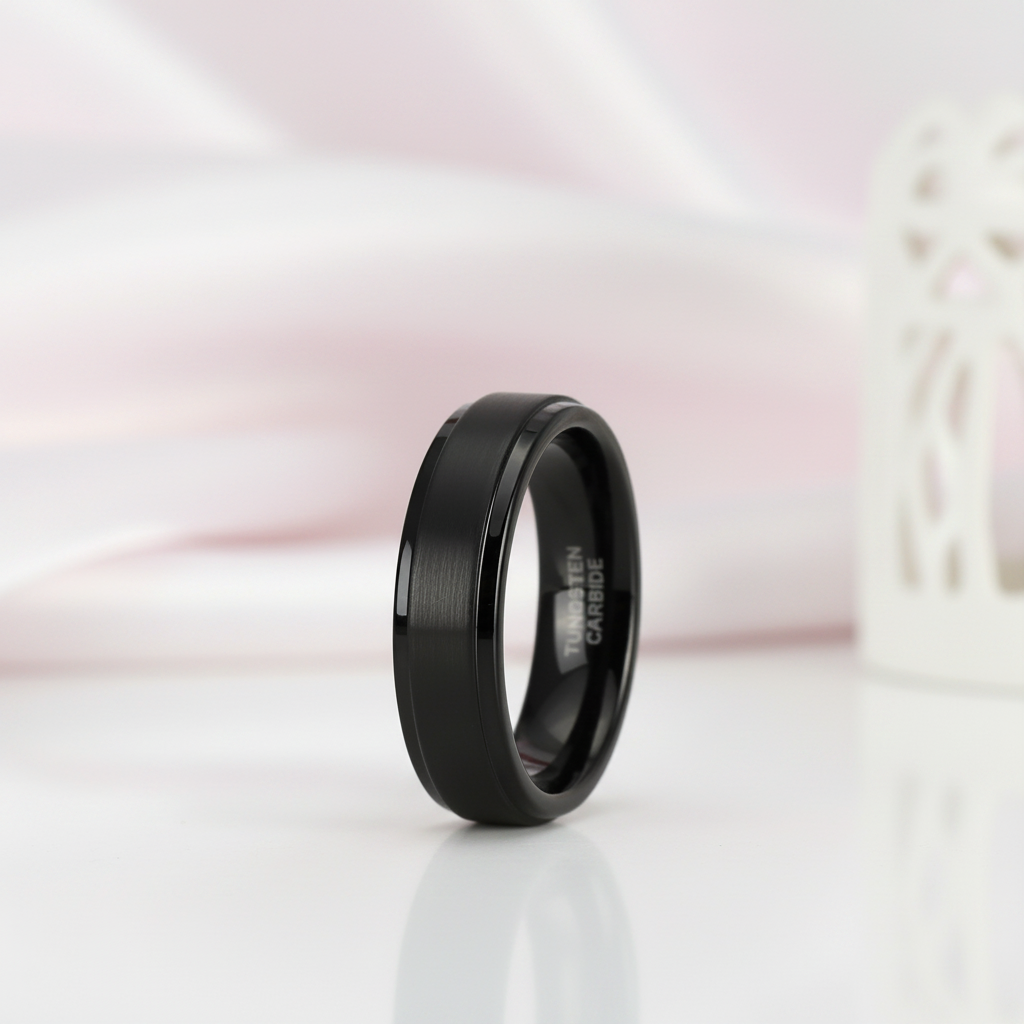 Beveled Men's Tungsten Wedding Band-Black Diamonds New York