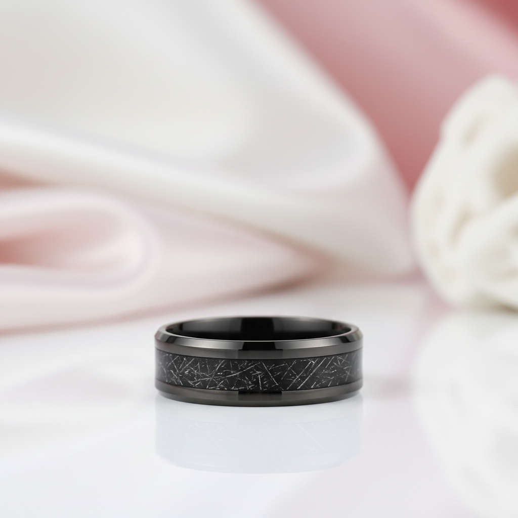 Beveled Tungsten Wedding Band with Silk Inlay-Black Diamonds New York