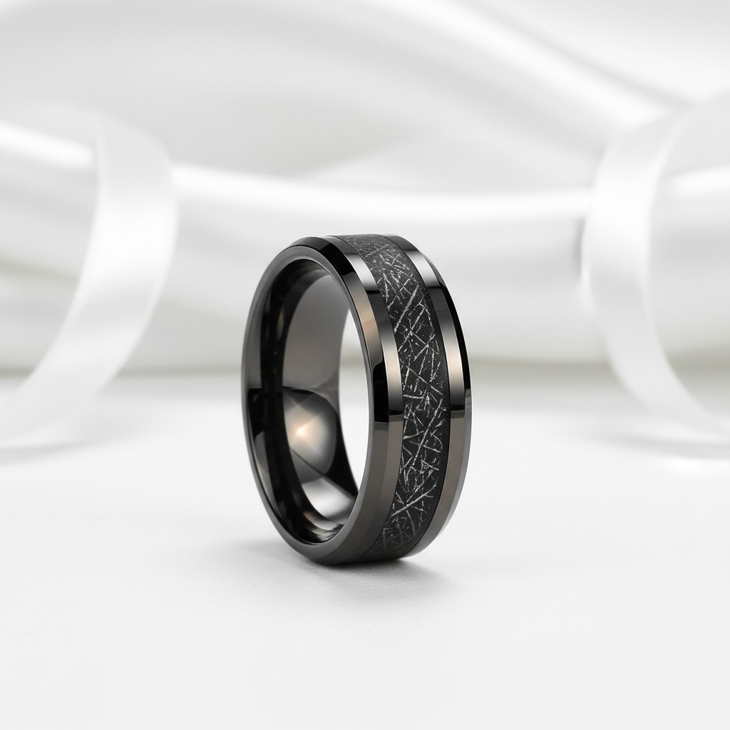 Beveled Tungsten Wedding Band with Silk Inlay-Black Diamonds New York