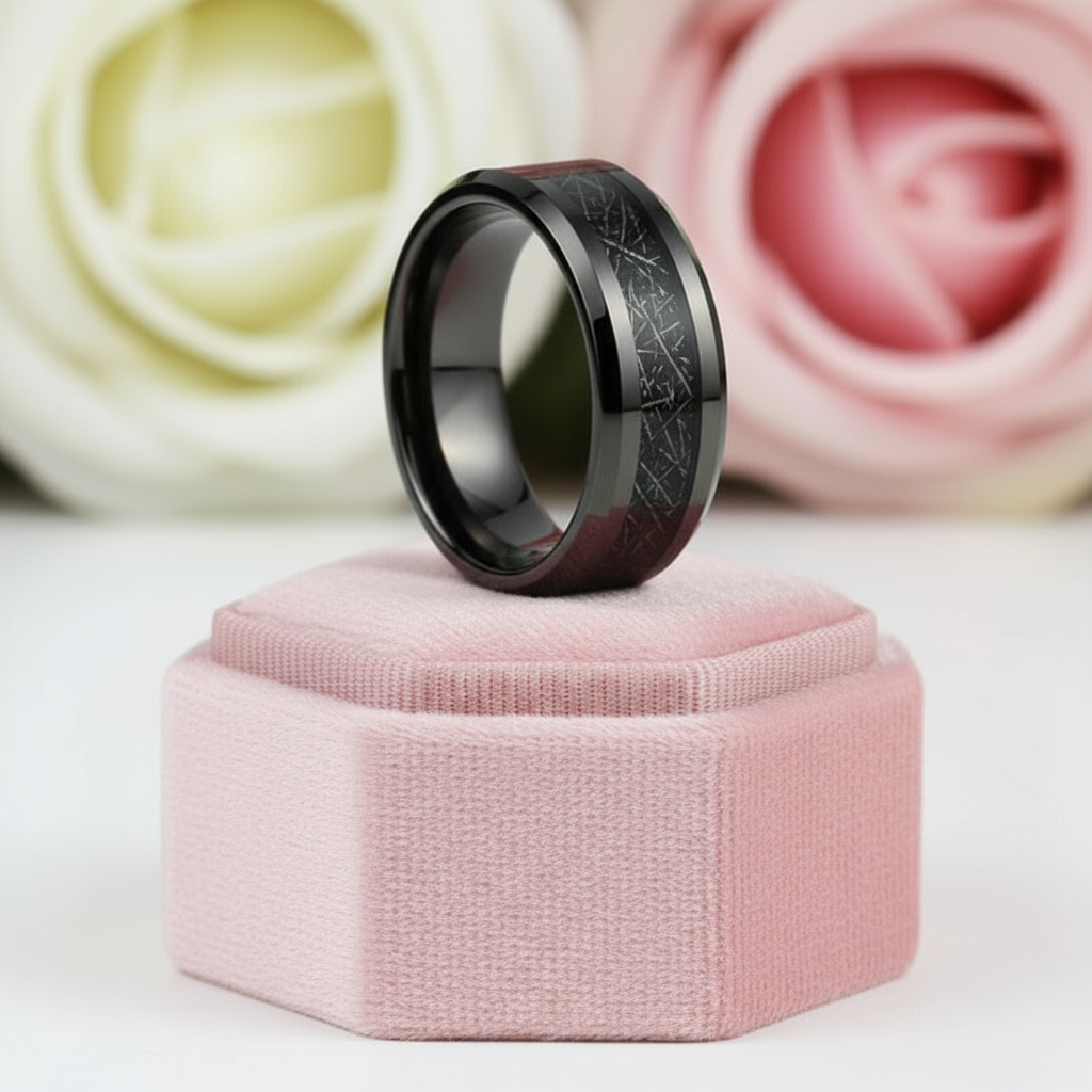 Beveled Tungsten Wedding Band with Silk Inlay-Black Diamonds New York