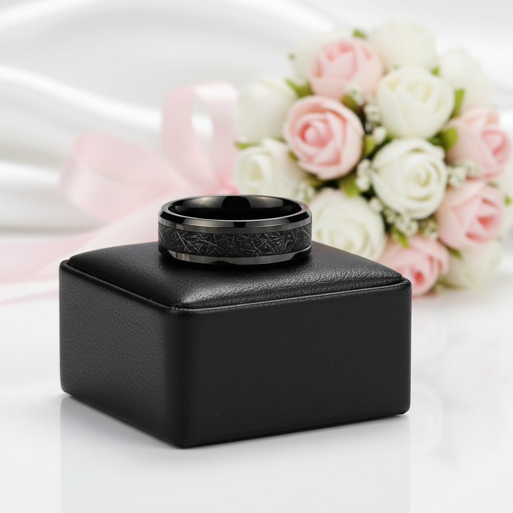 Beveled Tungsten Wedding Band with Silk Inlay-Black Diamonds New York
