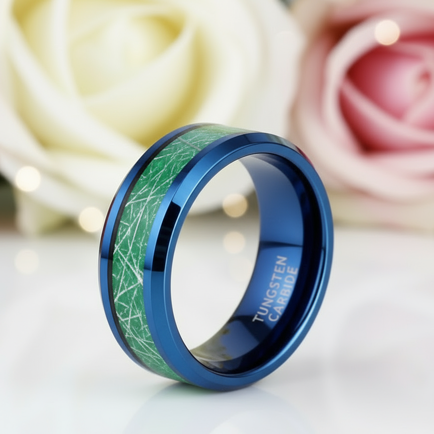 Beveled Tungsten Wedding Band with Silk Inlay-Black Diamonds New York