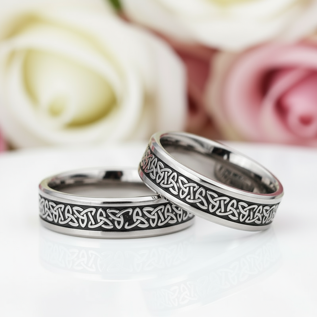 Beveled Tungsten with Celtic Knot Men's Wedding Band-Black Diamonds New York