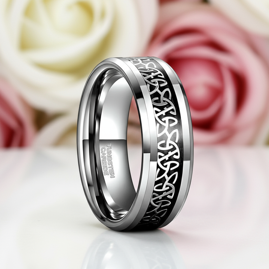 Beveled Tungsten with Celtic Knot Men's Wedding Band-Black Diamonds New York