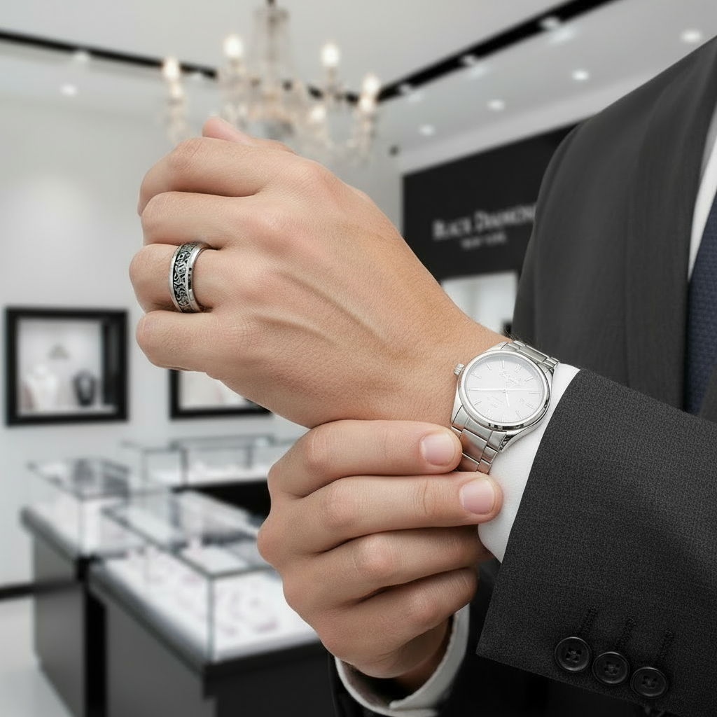 Beveled Tungsten with Celtic Knot Men's Wedding Band-Black Diamonds New York