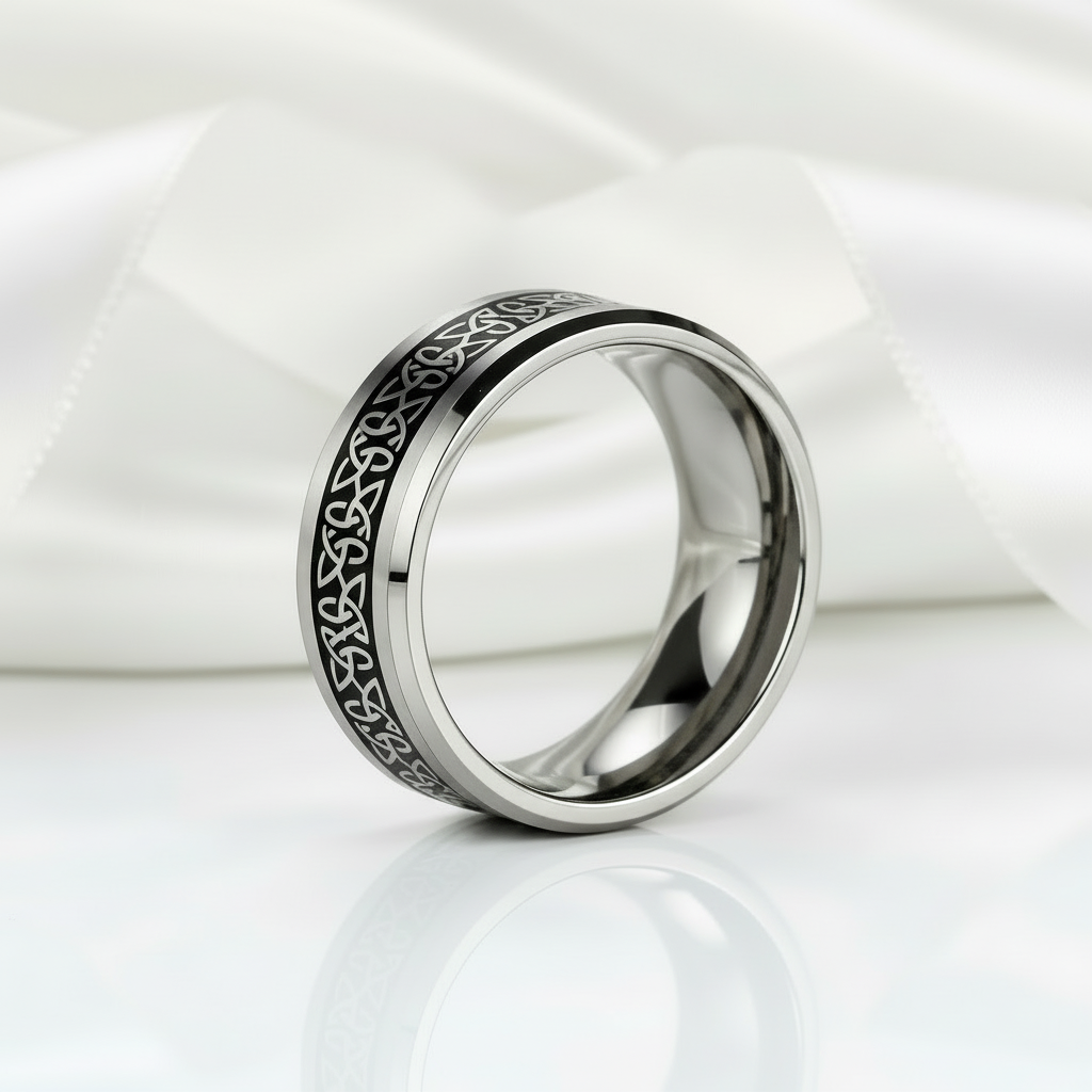 Beveled Tungsten with Celtic Knot Men's Wedding Band-Black Diamonds New York