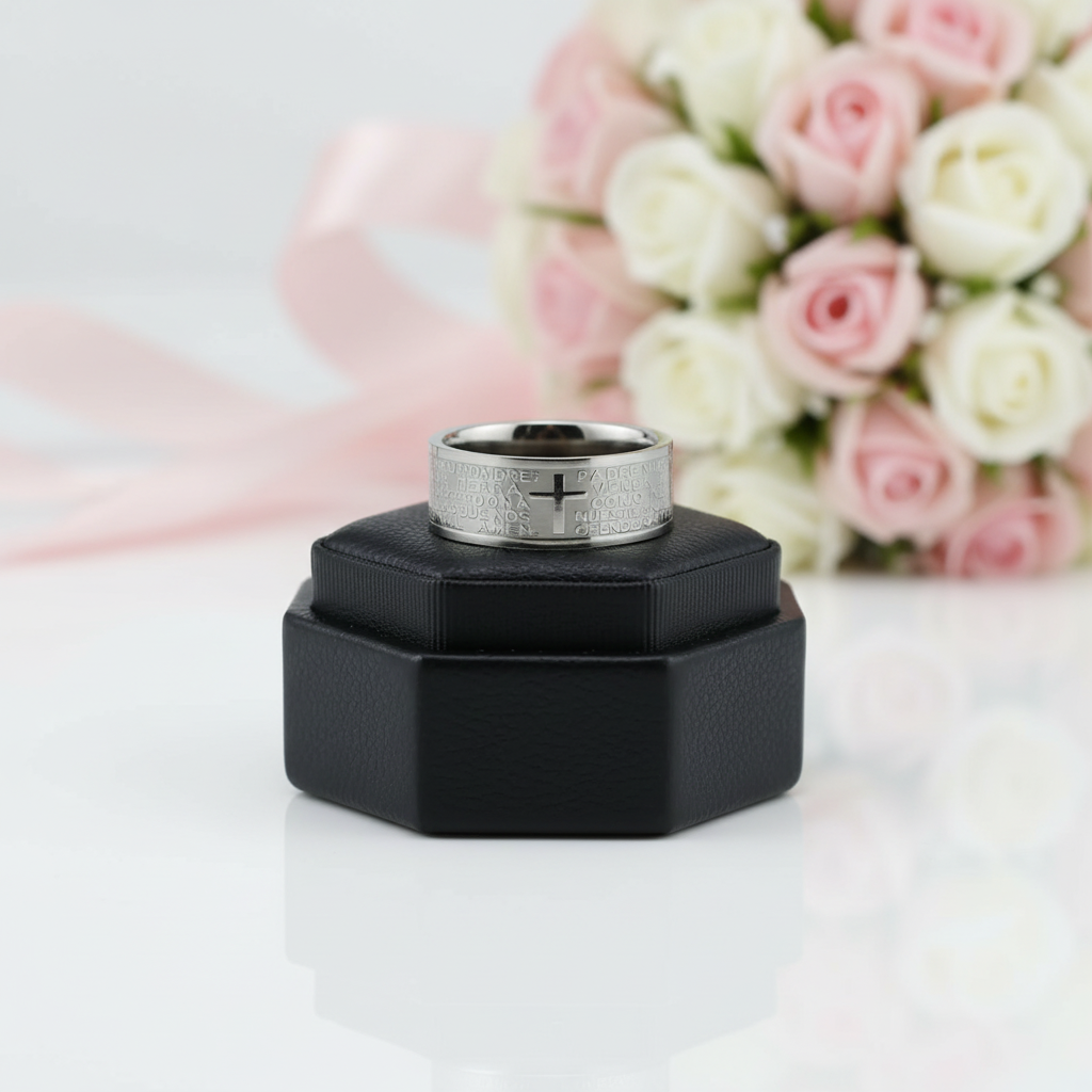 Bible Quote Stainless Steel Men's Wedding Band-Black Diamonds New York