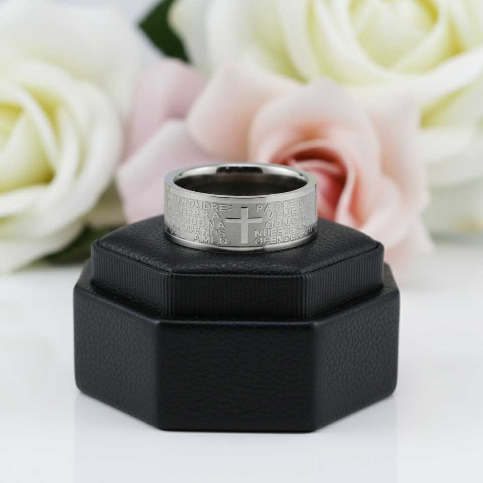 Bible Quote Stainless Steel Men's Wedding Band-Black Diamonds New York