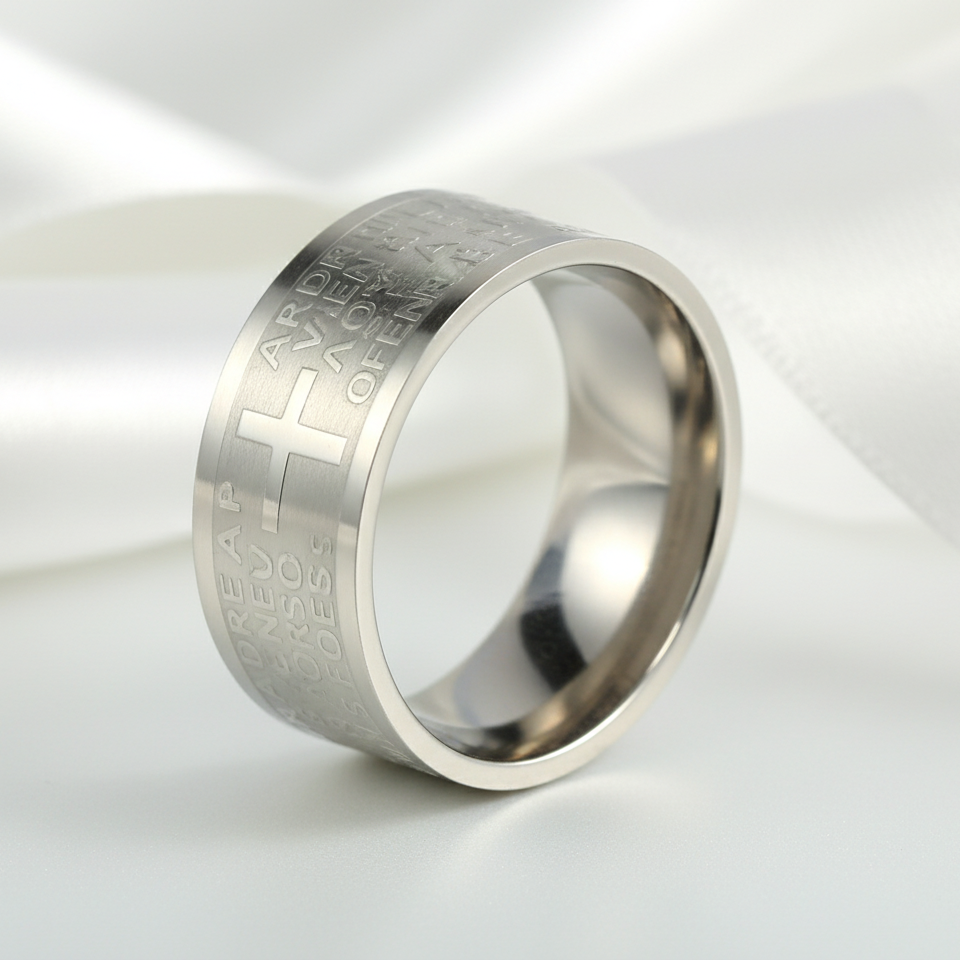 Bible Quote Stainless Steel Men's Wedding Band-Black Diamonds New York