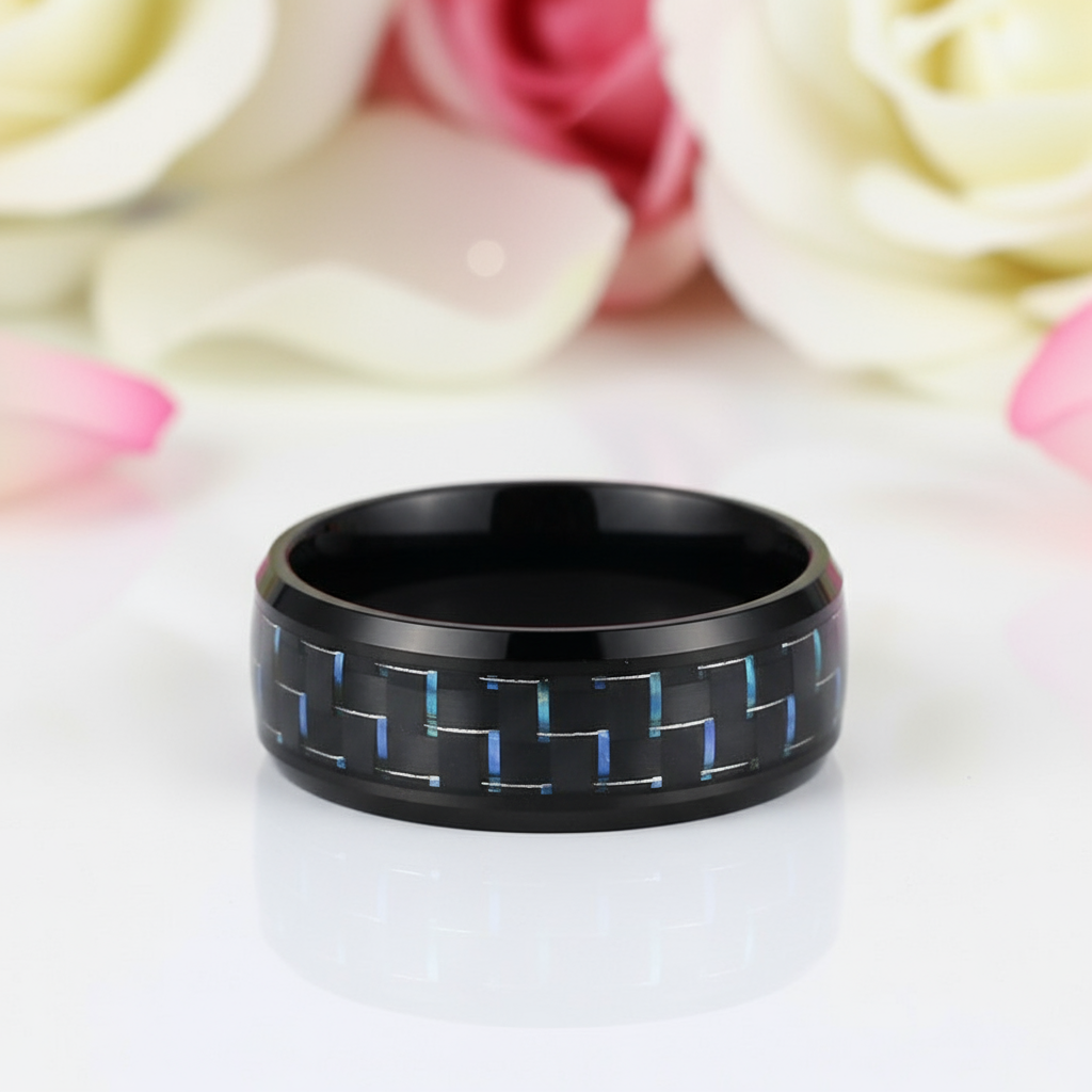 Black and Blue Carbon Pattern Ring Band-Black Diamonds New York